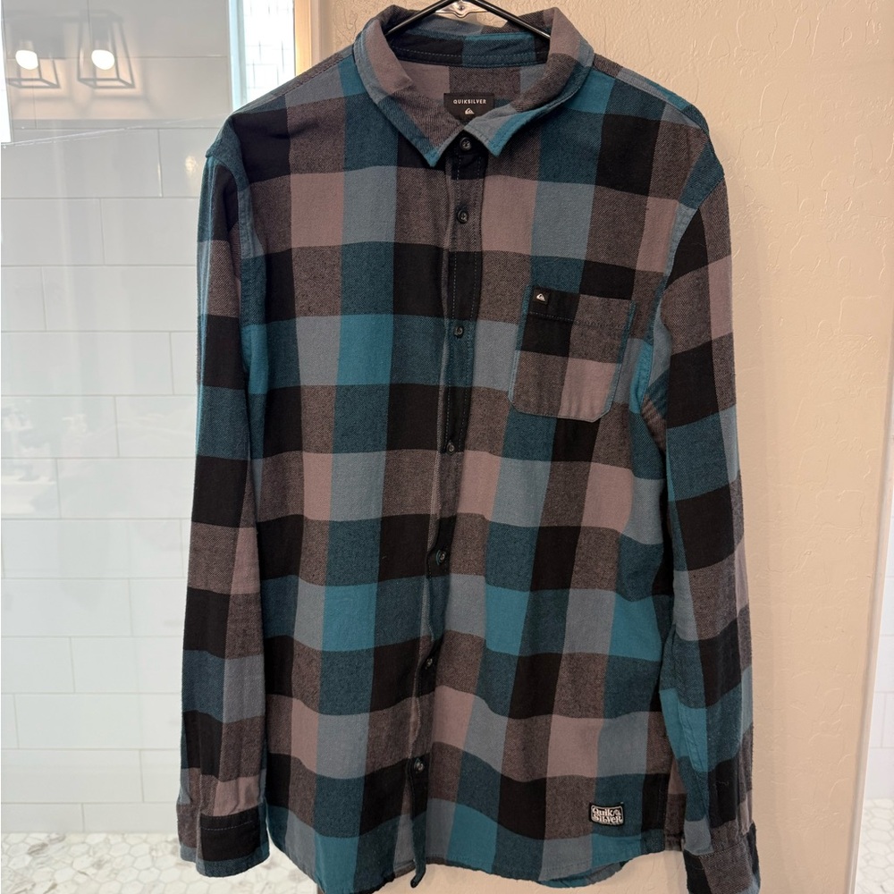 Quiksilver Teal and Gray Plaid Shirt